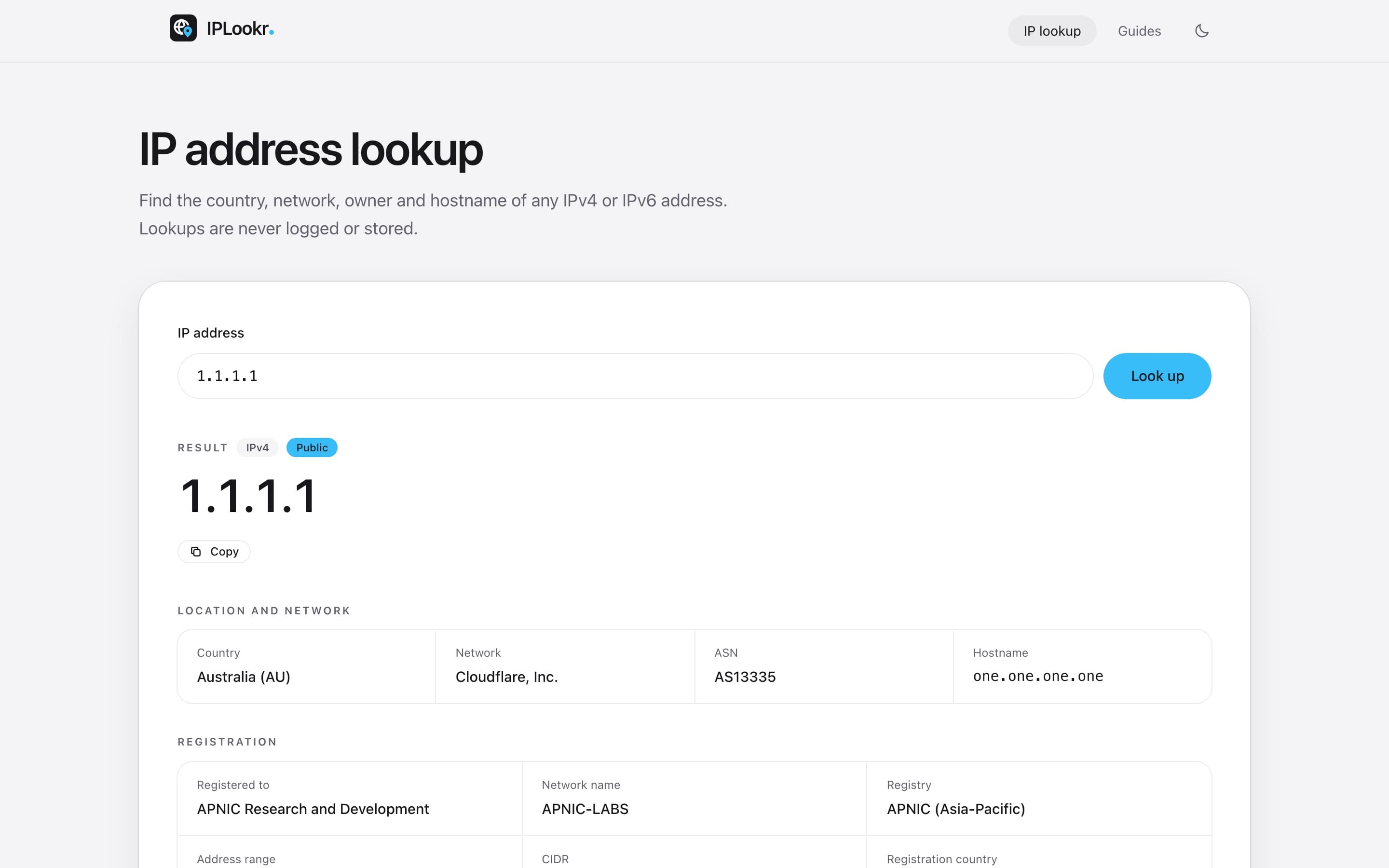 IPLookr på iplookr.com